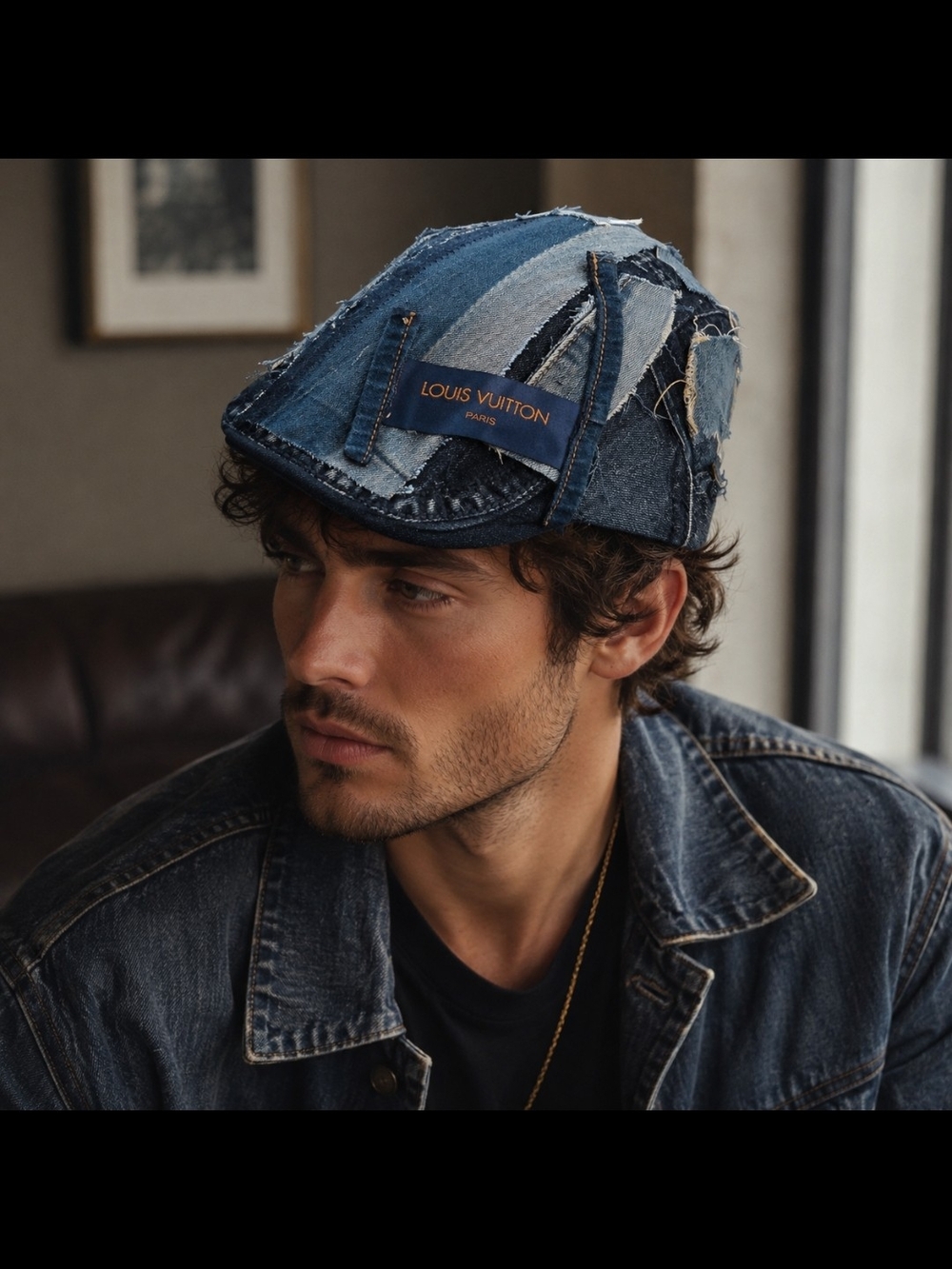 Upcycled LV Inspired Blue Patchwork Denim Newsboy Cap - Picture 2 of 8